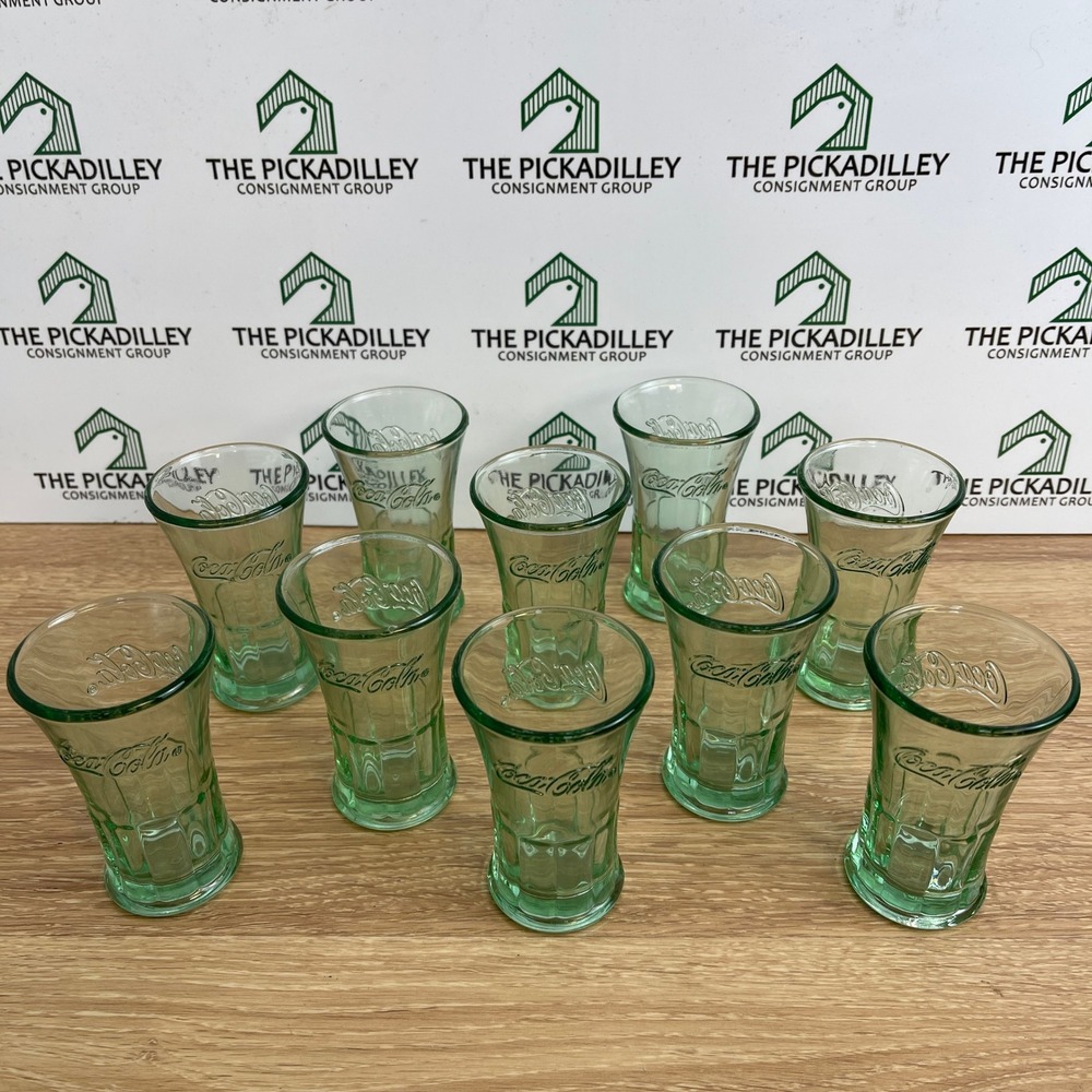 Coca-Cola Georgian Green Glass Shot Glasses Set of 10 Embossed Logo Mexico